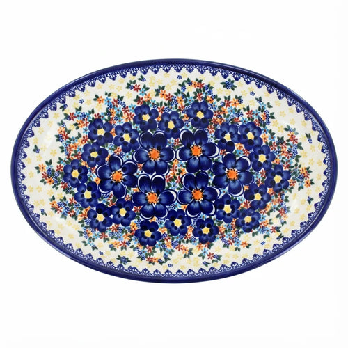 Polish Pottery Overhead Shot Blue Dahlia Oval Platter