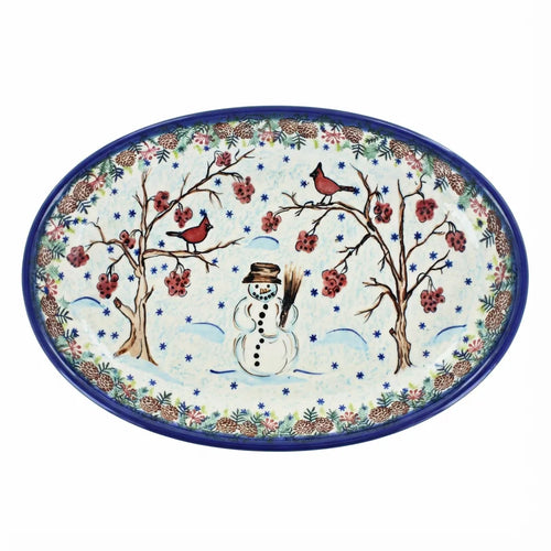 Polish Pottery Overhead Shot Little Snowman Oval Platter