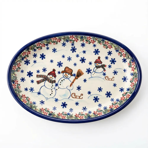 Polish Pottery Overhead Shot Snowflake Friends Oval Platter