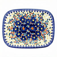 Polish Pottery Overhead Shot Blue Dahlia Small Rectangular Serving Platter
