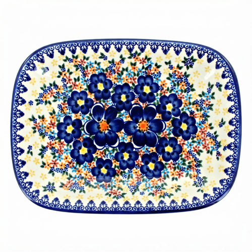 Polish Pottery Overhead Shot Blue Dahlia Small Rectangular Serving Platter