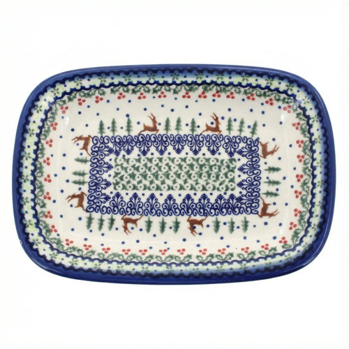 Polish Pottery Overhead Shot Reindeer Delight Small Rectangular Serving Platter