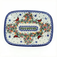Polish Pottery Overhead Shot Winter Cardinal Small Rectangular Serving Platter