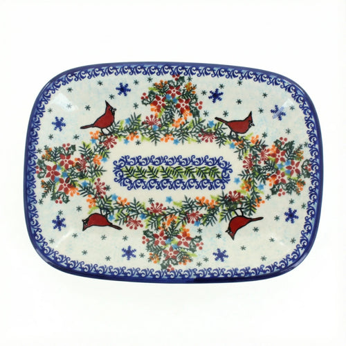 Polish Pottery Overhead Shot Winter Cardinal Small Rectangular Serving Platter