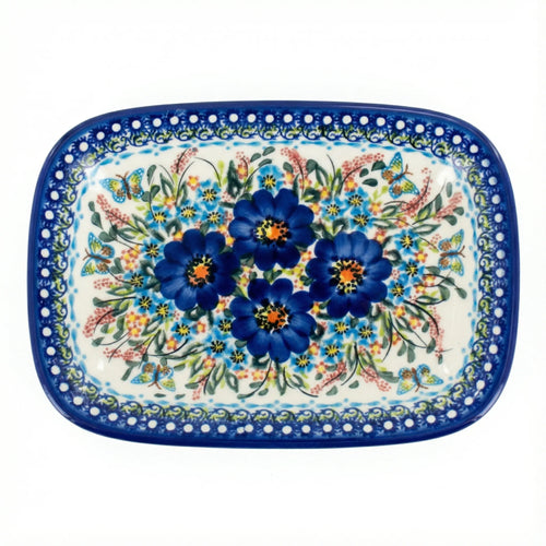 Polish Pottery Overhead Shot Garden of Blue Small Rectangular Serving Platter