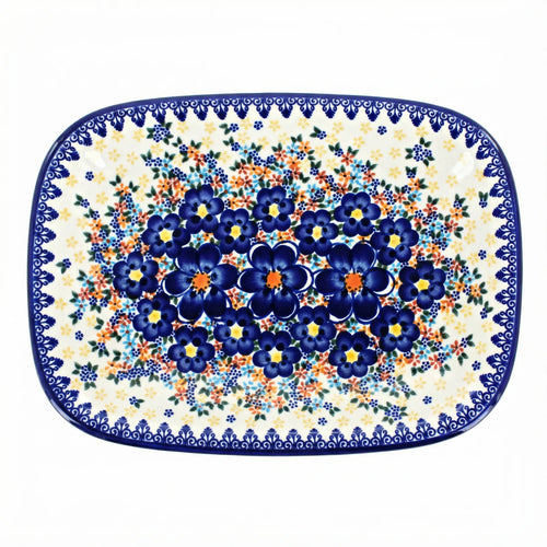 Polish Pottery Overhead Shot Blue Dahlia Medium Rectangular Serving Platter