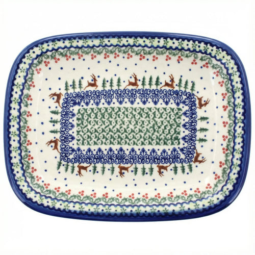 Polish Pottery Overhead Shot Reindeer Delight Medium Rectangular Serving Platter