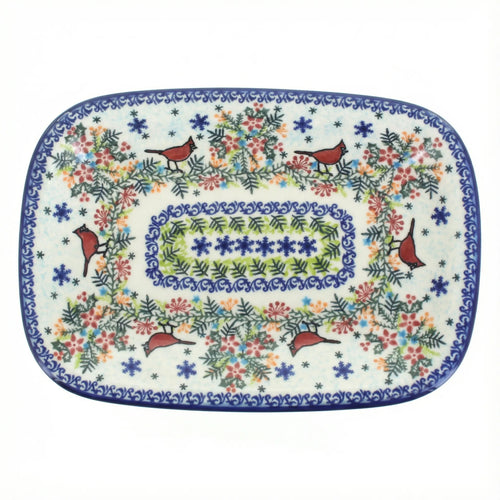 Polish Pottery Overhead Shot Winter Cardinal Medium Rectangular Serving Platter