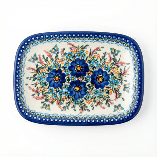 Polish Pottery Overhead Shot Garden of Blue Medium Rectangular Serving Platter