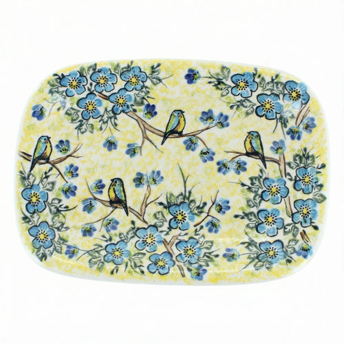 Polish Pottery Overhead Shot Bluebird Garden Medium Rectangular Serving Platter