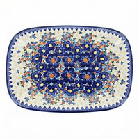 Polish Pottery Overhead Shot Blue Dahlia Large Rectangular Serving Platter