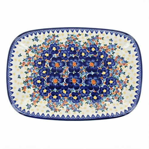 Polish Pottery Overhead Shot Blue Dahlia Large Rectangular Serving Platter