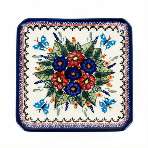 Polish Pottery Overhead Shot Floral Butterfly Square Dessert Plate