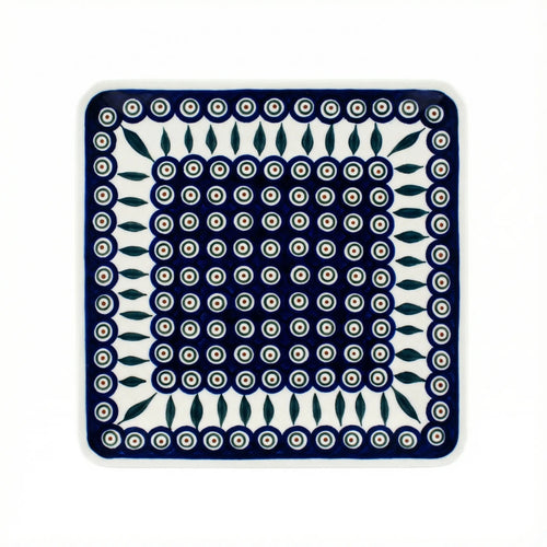 Polish Pottery Overhead Shot Peacock Square Dinner Plate
