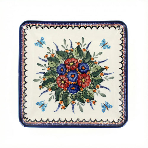 Polish Pottery Overhead Shot Floral Butterfly Square Dinner Plate