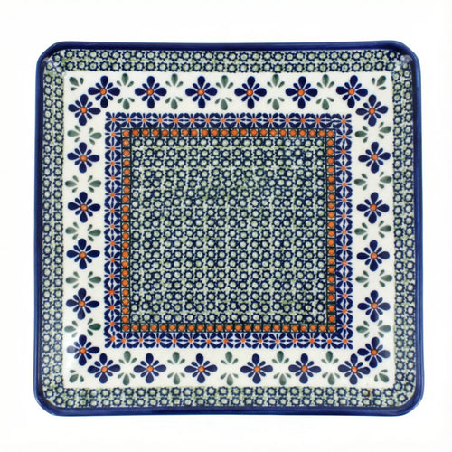 Polish Pottery Overhead Shot Mosaic Flower Square Dinner Plate