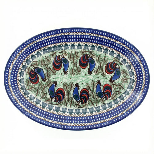 Polish Pottery Overhead Shot Rooster Row Oval Platter