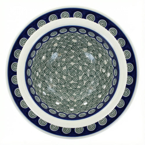 Polish Pottery Overhead Shot Peacock Swirl Berry Bowl & Plate