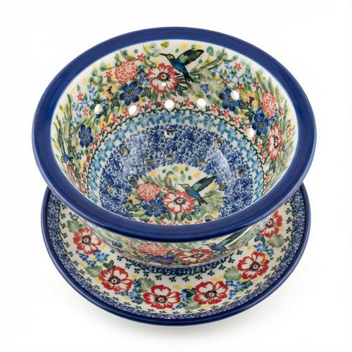 Polish Pottery Overhead Shot Hummingbird Berry Bowl & Plate