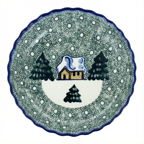 Polish Pottery Overhead Shot Winter Forest Pie Plate - Green
