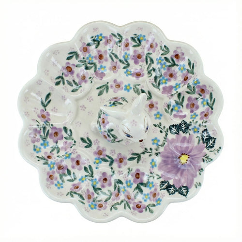 Polish Pottery Overhead Shot Lilac Garden Bunny Egg Plate