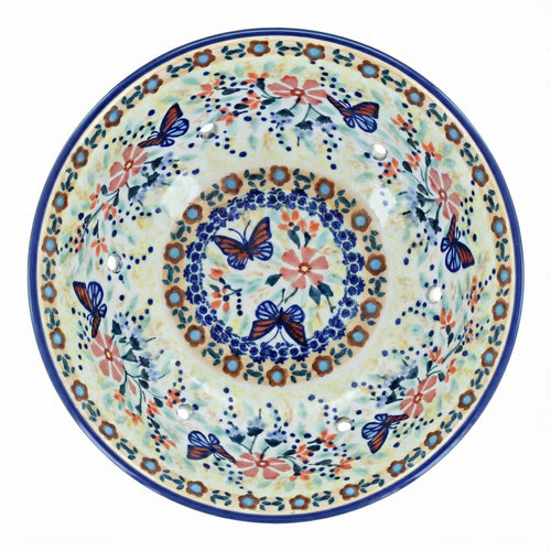 Polish Pottery Overhead Shot Blue Butterfly Berry Bowl with Plate