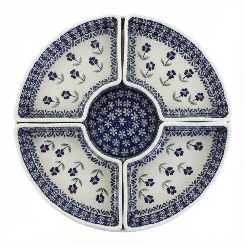 Polish Pottery Overhead Shot Blue Daisy Tray with 4 Plates