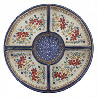 Polish Pottery Overhead Shot Red Daisy Tray with 4 Plates
