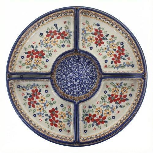 Polish Pottery Overhead Shot Red Daisy Tray with 4 Plates