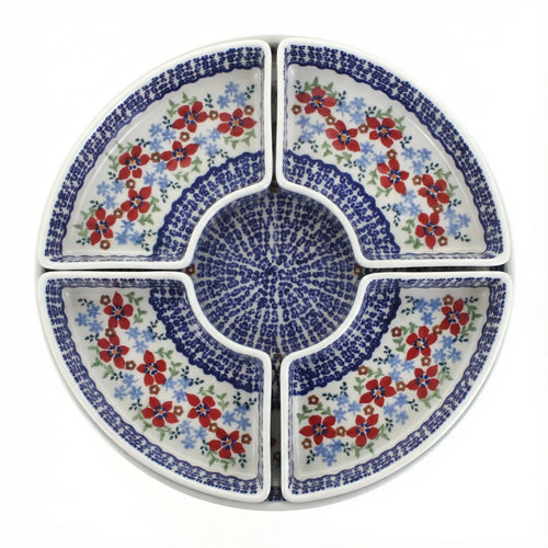 Polish Pottery Overhead Shot Red Poppy Tray with 4 Plates