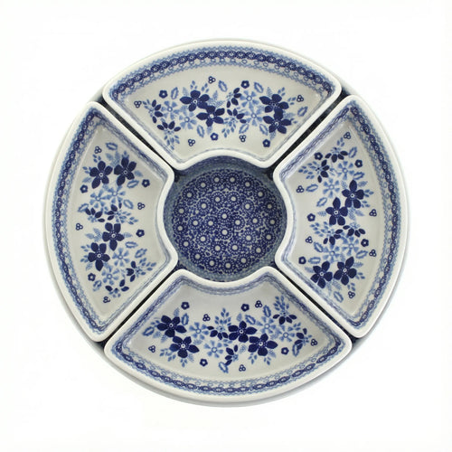 Polish Pottery Overhead Shot Vintage Blue Daisy Tray with 4 Plates