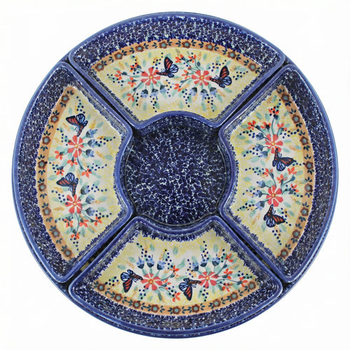 Polish Pottery Overhead Shot Blue Butterfly Tray with 4 Plates