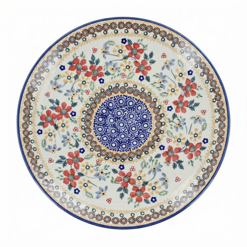 Polish Pottery Overhead Shot Red Daisy Pedestal Cake Plate