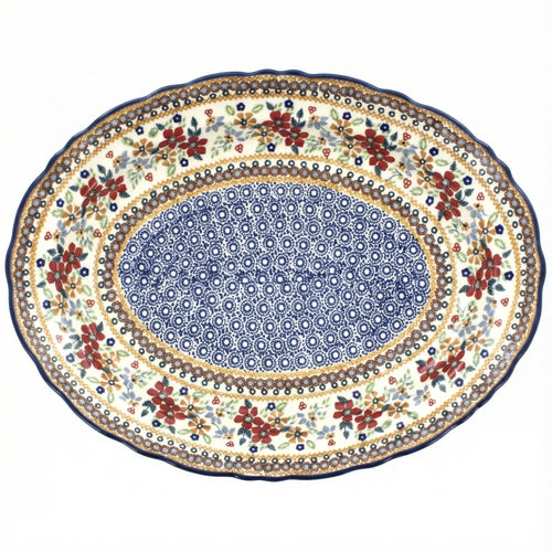 Polish Pottery Overhead Shot Red Daisy Large Oval Serving Platter