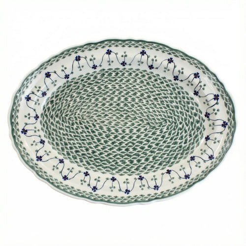 Polish Pottery Overhead Shot Sage Floral Large Oval Serving Platter