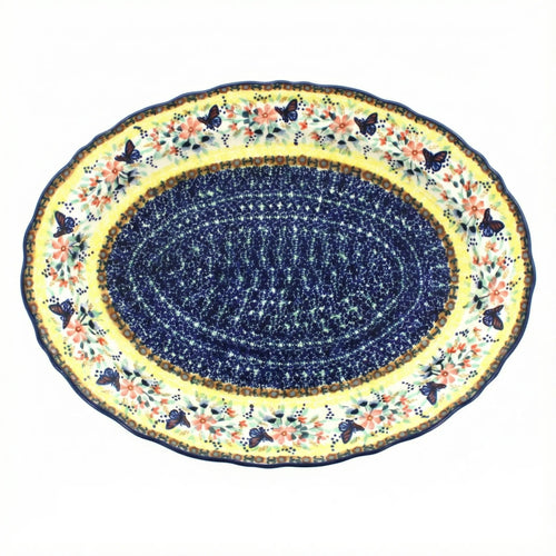Polish Pottery Overhead Shot Blue Butterfly Large Oval Serving Platter