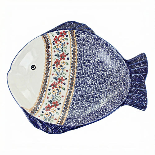 Polish Pottery Overhead Shot Red Daisy Large Fish Platter