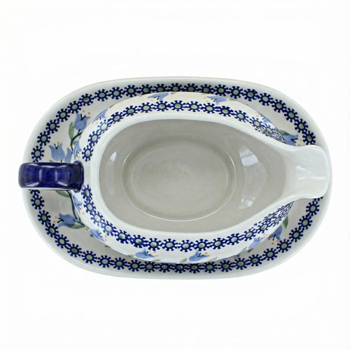 Polish Pottery Overhead Shot Tulip Gravy Boat & Plate