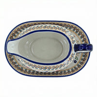 Polish Pottery Overhead Shot Red Daisy Gravy Boat & Plate