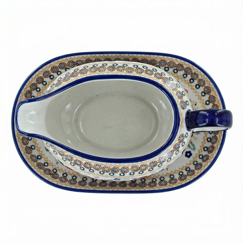Polish Pottery Overhead Shot Red Daisy Gravy Boat & Plate
