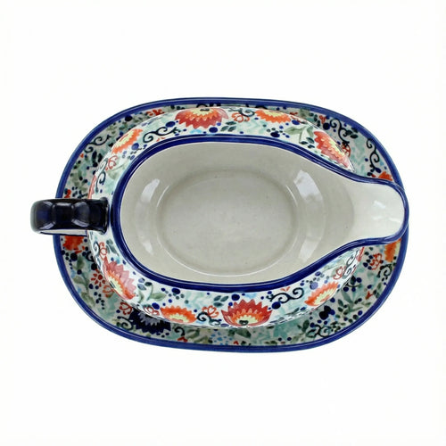 Polish Pottery Overhead Shot Desert Oasis Gravy Boat & Plate