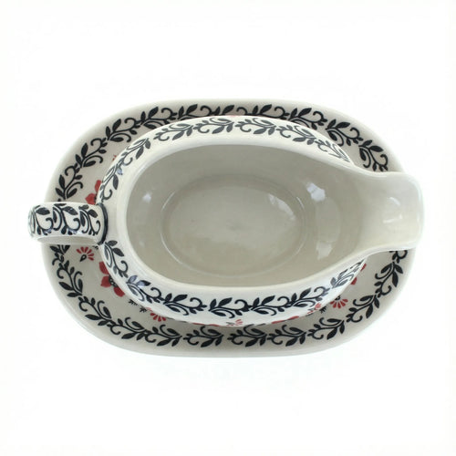 Polish Pottery Overhead Shot Scarlett Ivy Gravy Boat & Plate