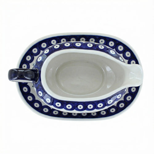 Polish Pottery Overhead Shot Blue Violet Gravy Boat & Plate