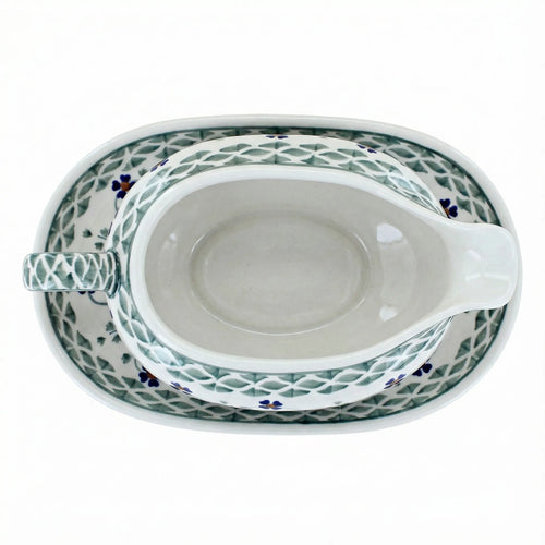 Polish Pottery Overhead Shot Sage Floral Gravy Boat & Plate