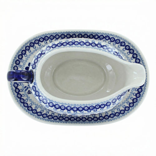 Polish Pottery Overhead Shot Vintage Blue Daisy Gravy Boat & Plate