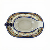 Polish Pottery Overhead Shot Blue Butterfly Gravy Boat & Plate