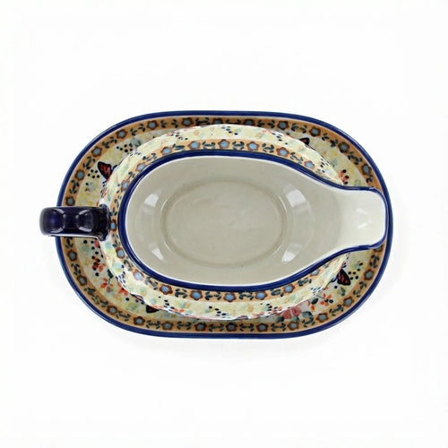 Polish Pottery Overhead Shot Blue Butterfly Gravy Boat & Plate