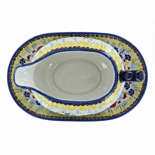 Polish Pottery Overhead Shot Prairie Garden Gravy Boat & Plate