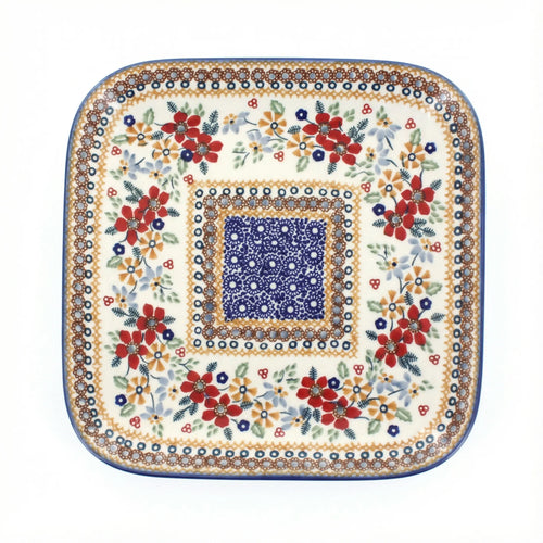 Polish Pottery Overhead Shot Red Daisy Large Square Plate
