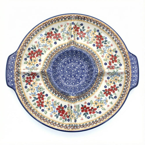 Polish Pottery Overhead Shot Red Daisy Chip & Dip Plate